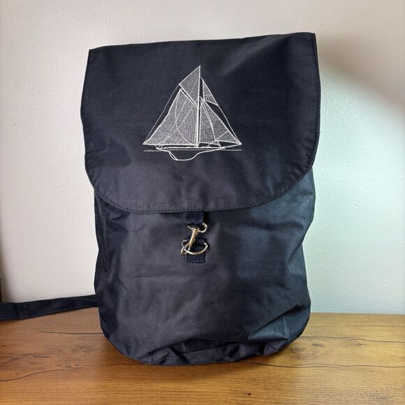 Navy Blue Drawstring Embroidered Sailboat Nautical Backpack Bag Unisex - Picture 3 of 13